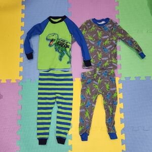 Members Mark 2 Pair Dinosaur Print Kids Pajamas Set - Green and Blue, New